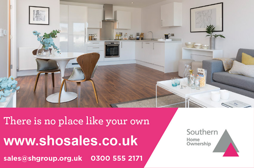 Advert showing the inside of a Southern Home Ownership house - pink and grey