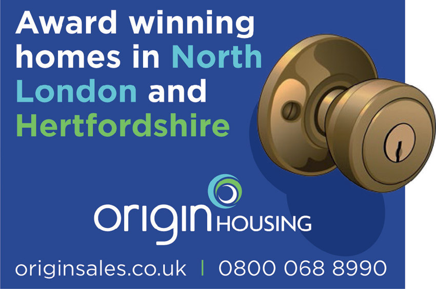 Blue advert with door handle advertising Origin housing homes in London